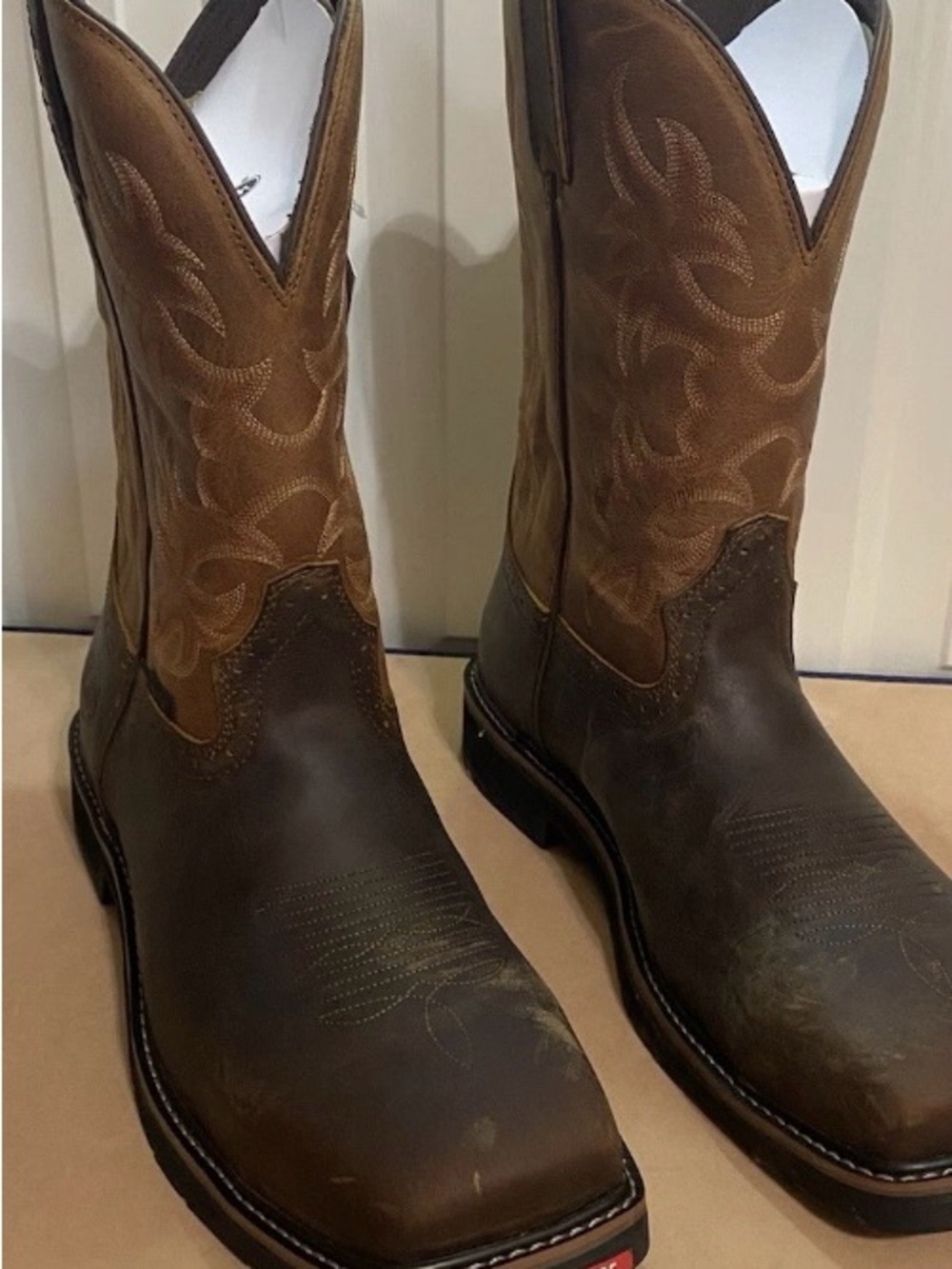 Justin Boots Two-Tone Brown and Tan Western Steel Toe Work Boots